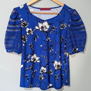 Love Scarlett Royal Blue Floral‎ Blouse with Sheer Sleeves